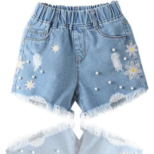 Girls Denim Shorts New Kids Summer Shorts Girls Jeans Lovely Daisy Flowers Embroidery Jean Short Girls Clothing