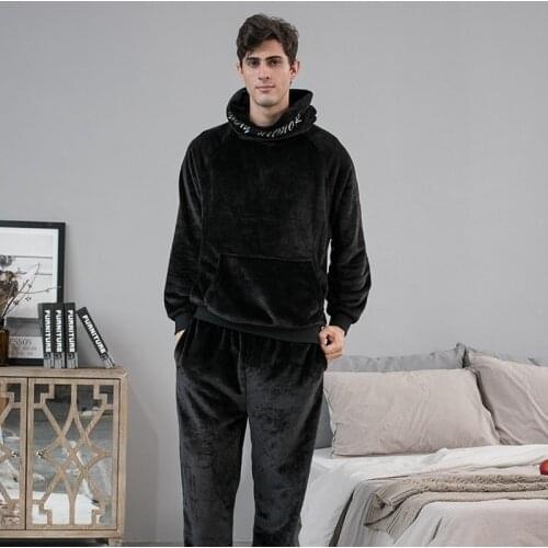 Mens Pajamas Flannel Pajamas Fall/winter Hooded Home Service Thickened Pajamas Plus Velvet Couple Pajamas Set