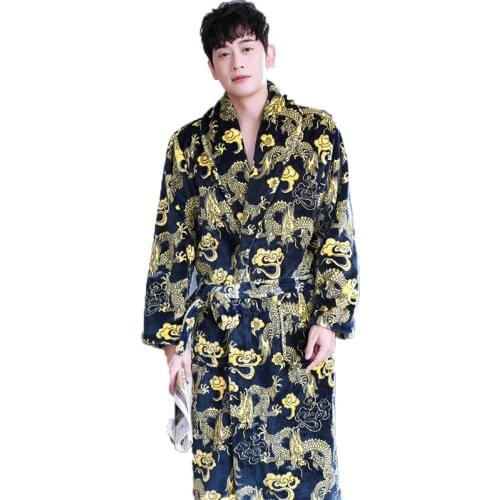 Chinese Dragon Printed Men Bathrobe Winter Flannel Long Robe Thick Warm Sleepwear Full Sleeve Nightgown Male Casual Home Wear