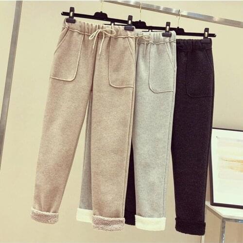 New Winter Woolen Women Pants Elastic Waist Thick Lambswool Harem Pants Casual Pants Female Warm Trousers