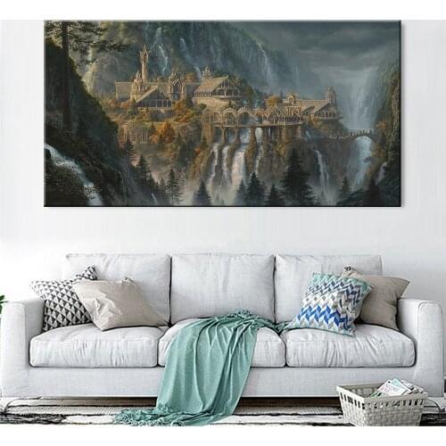Retro Landscape Canvas Print Painting Nordic Castle Picture Wall Art Living Room Waterfall Forest Home Decoration Poster Print