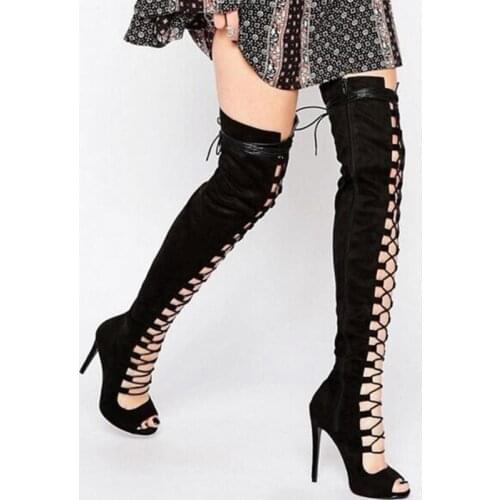 Black Sexy Over The Knee Boots Women Summer Thin High Heel Zipper Long Boots Ladies Fashion Shoes Female Peep-toe thigh Boots