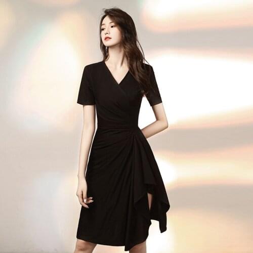 Special Occasion Dresses Vintage V-Neck Short Luxury Black Zipper A-Line Satin Knee-Length Elegant Fashion Women Prom Gown E975