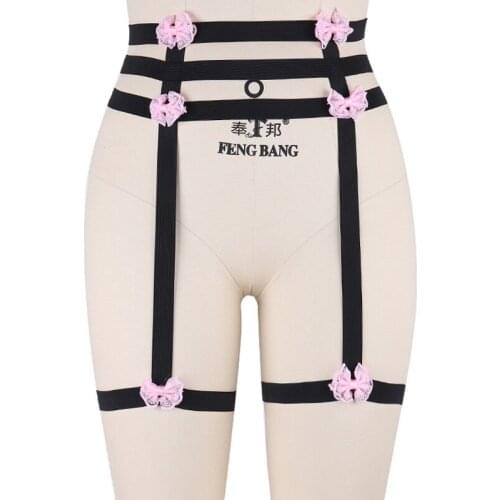 Bondage Leg Garter Belt Pink Bow Body Harness Black Stockings Kawaii Garter Goth Body Belt Sexy Lingerie Body Harness