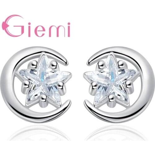 Clear AAA Star Cubic Zirconia Mysterious Pure 925 Sterling Silver Moon Stud Earrings Crystal Jewelry For Women Female