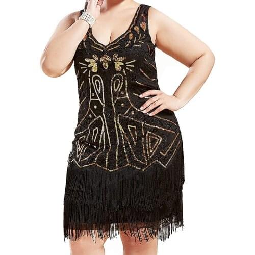 Plus Size Gold 1920s Retro Vintage Gatsby Sequins Beaded Long Fringe Art Deco Roaring 20s Flapper Party Dress for Women
