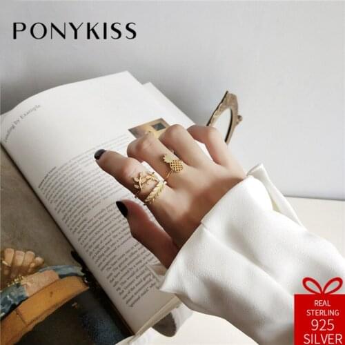 PONYKISS Vintage 100% 925 Sterling Silver Adjustable Opening Cute Gold Banana Leaf Ring Fine Jewelry Women Birthday Party Gift