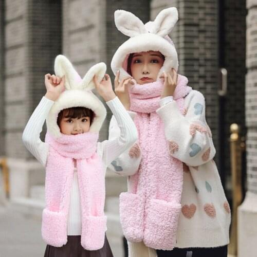 3 in 1 Faux Fur Cute Rabbit Ear Full Hood Mother-Child Hat with Long Scarf Gloves Christmas Gift For Women Children Winter Warm