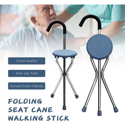 Folding Walking Chair Rest Stool Iron Walking Stick Plastic Seat Non Slip Tripods Cane For Elder Outdoor Hiking Climbing Crutch