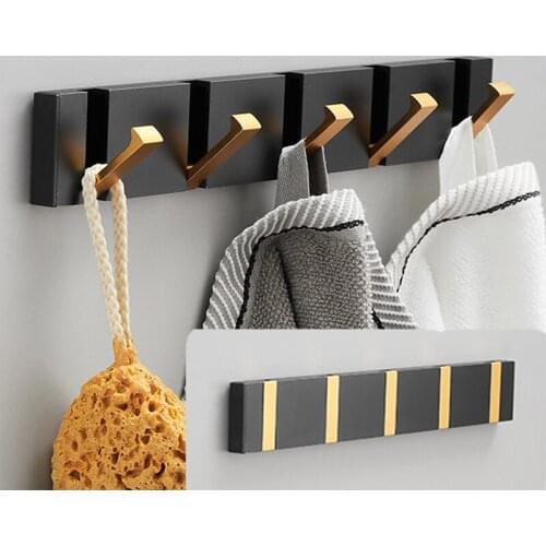 Folding Towel Hanger 2ways Installation Wall Hooks Coat Clothes Holder For Bathroom Kitchen Bedroom Hallway, Black Gold
