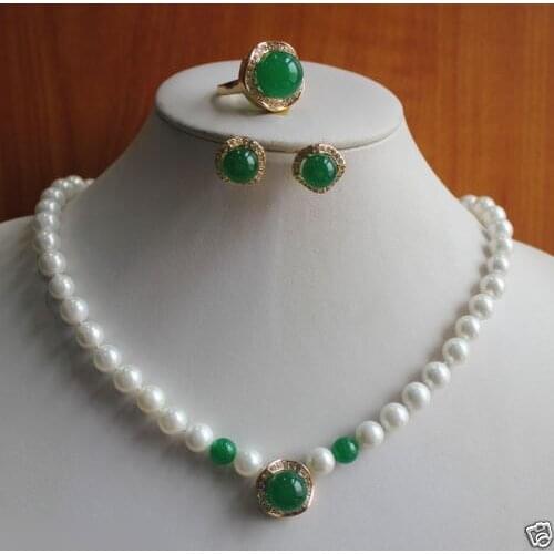 Fine quality jewelry wholesale good Jewelry White Pearl Green gem stone Necklace Earring Ring (#6/7/8/9) 5.27 -jewelry