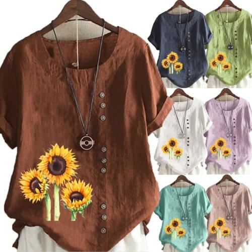 Womens New Fashion Summer Sunflower Printed Round Neck Short Sleeve T-shirt Casual Loose Solid Color Blouse Tops Plus Size