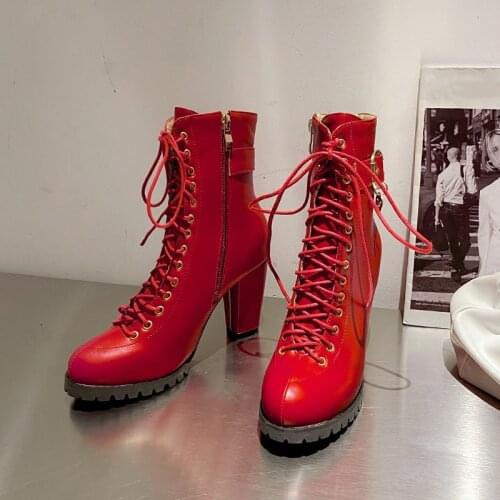 YMECHIC 5 Color Fashion Cross Tied High Heels Ankle Boots Female Buckle White Bride Shoes Woman Footwear Winter Biker Boot Us 10