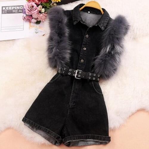 New arrival fur stitching denim overalls shorts women single breasted slim playsuits