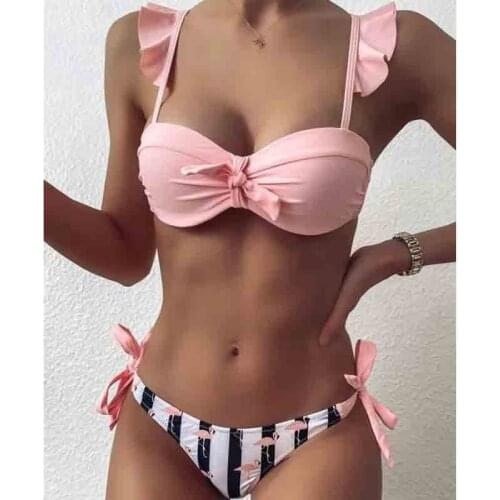 Striped Lace Ruffle Push Up Women Bandeau Swimsuit Female Swimwear Bra Cup Bikini set High Cut Bathing Suit
