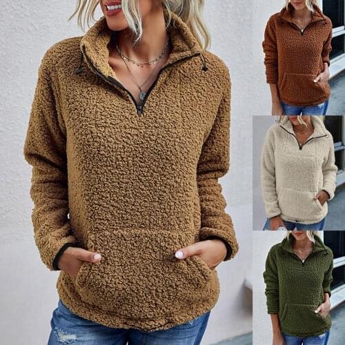 Women Winter Warm Solid Color Plush Pullover Sweater with Half Zipper Closure casual vacation beach outdoor party sports wear