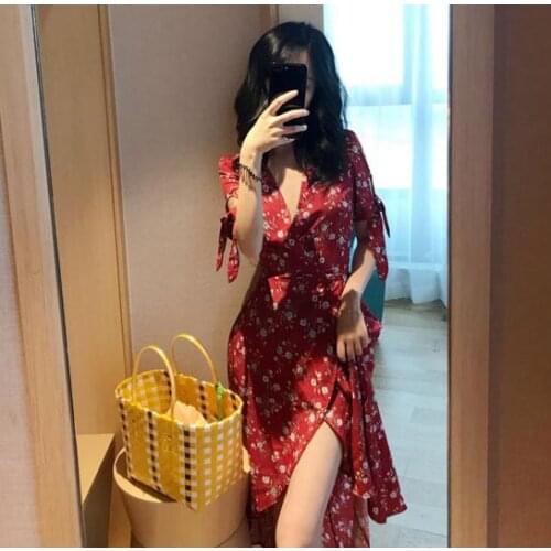 Summer Chiffon dress 2021 Women Floral Printed Boho Dress V-Neck Short Sleeve Sexy Bodycon Dress Vestidos vintage Party Dress
