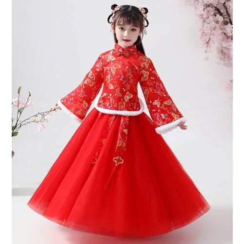 Girl Winter Dress Han Fu New years Dress For Girl Kids Dramaturgic Robe Dress Chinese Traditional Ancient Thick Dresses
