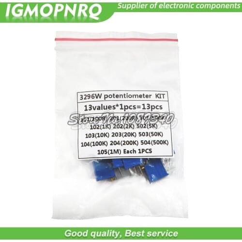 13kinds*1PCS=13PCS 3296W adjustable potentiometer Kit hjxrhgal contains 100R 200R 500R 1K 2K 5K 10K 20K 50K 100K 200K 1M
