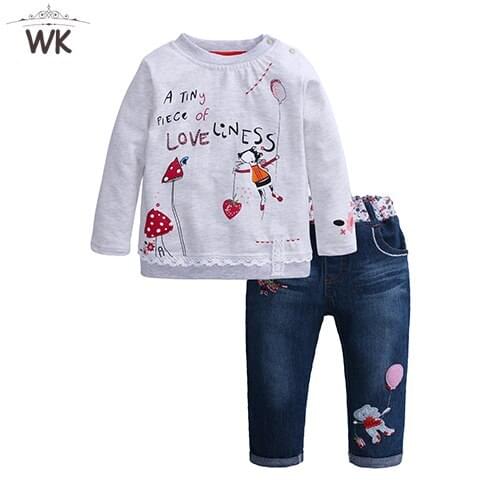 2021 Fashion Children clothing sets for girls o-neck Tops + jeans from 2 subjects with long sleeves floral Denim Costumes 2-6y