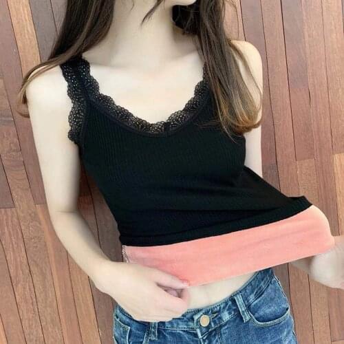 Women 2021 Autumn Winter Fashion Lace V-neck Camisole Tops Female Slim Sleeveless Tops Ladies Solid Color Warm Vest Tops E154