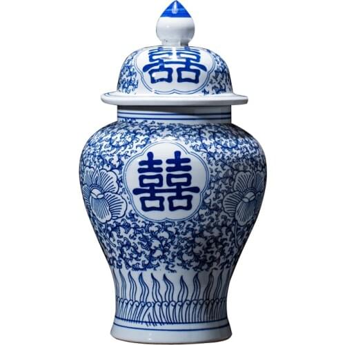 Jingdezhen porcelain jar ornament blue and white porcelain general tank storage pot new Chinese style household living room jar