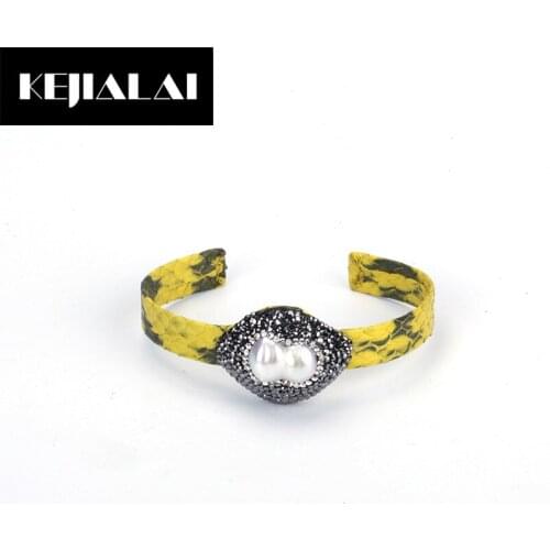 KEJIALAI Vintage Bohemian Style Pattern Leather Cuff Bangle Fashion Jewelry Fresh Water Pearl Charm with Rhinestone Women Gift