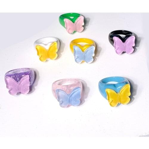90s Aesthetic Shiny Heart Butterfly Ring For Women Acrylic Cute DIY Vintage Harajuku Candy Colors Animal Ring Charms Y2K Jewelry