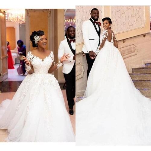 Lace Long Sleeves Ball Gown Wedding Dress African Duchess Satin Wedding Gowns For Girls White Sheer Robe