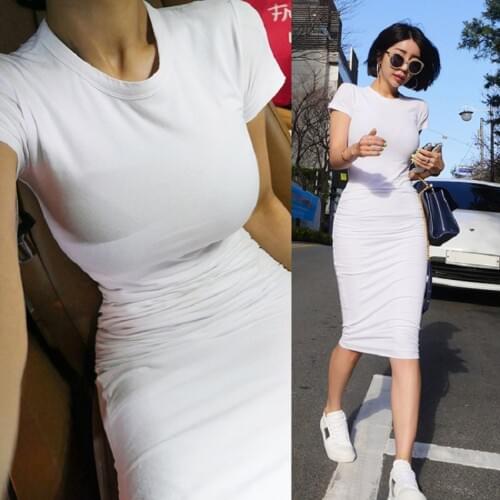 Summer new fashion Sexy womens cotton blend casual sexy solid color short sleeve slim long bag hip solid color dress