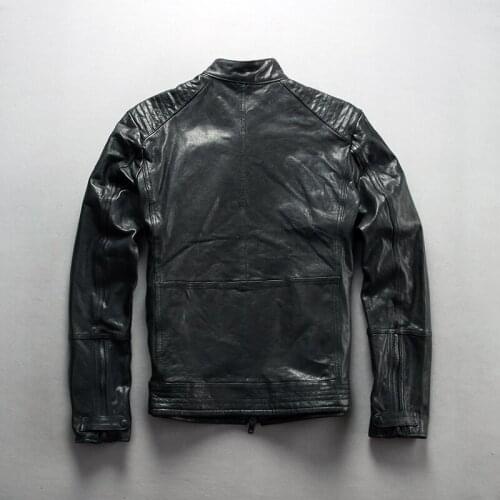 Mens fashion genuine slim fit biker men black real leather coat sheepskin Motorcycle jacket