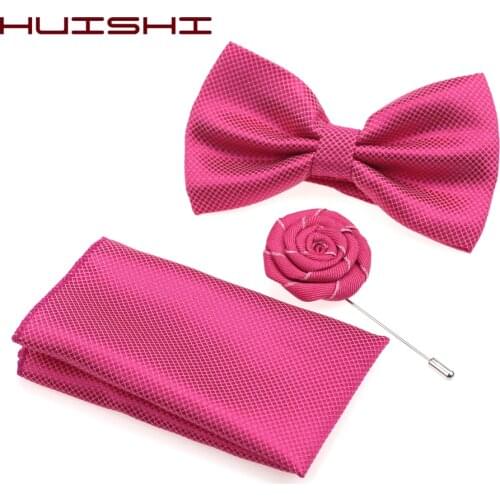 HUISHI Wedding Party Gift Polyester Jacquard Woven Bowtie Set Men Lady Classic Butterfly Bow Tie Pocket Square Brooch Pin Set