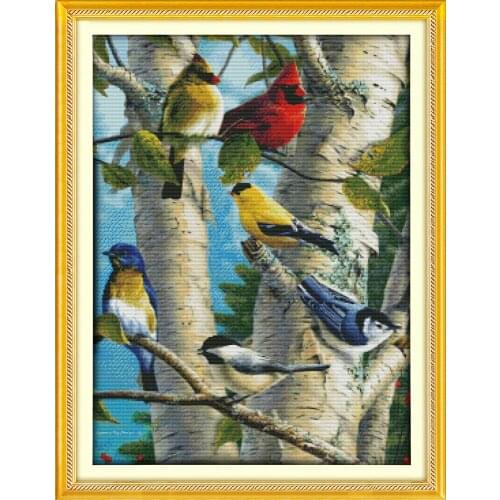 Birch birds in the tree cross stitch set animal pattern canvas DMC color 18ct 14ct 11ct embroidery kit DIY handmade needlework