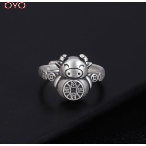 Real 999 pure silver zodiac bull ring retro matte zodiac year index finger ring female