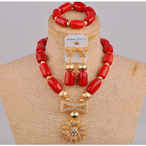 Latest Red Coral Necklace African Beads Jewelry Set Nigerian Wedding Coral Set Women Bridal Jewelry Sets 1C-B02