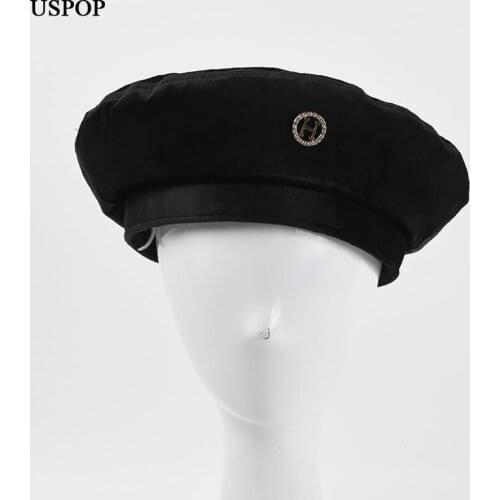 USPOP 2021 New Winter Black Velvet Berets Women Diamond Letter H Beret Hat
