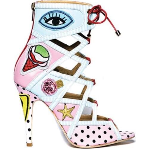 New fashion sexy open toe lace-up ankle boots colorful printed leather high heel boots 2016 Woman cut-outs sandal boots