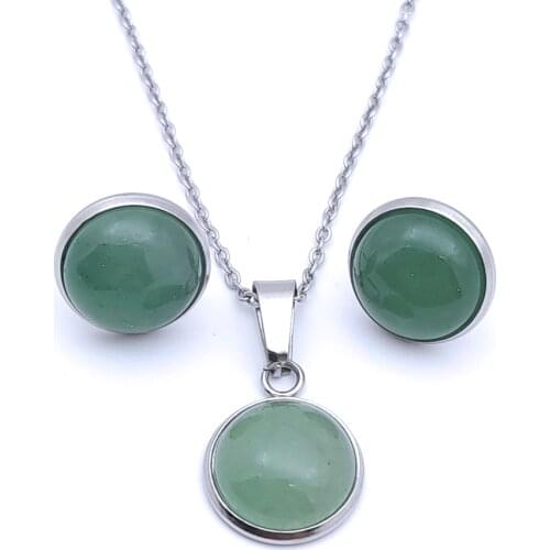 12MM Stone Pendant Stainless Steel Stud Earrings Necklace Jewelry Set Tiger Eye Opal Blue Pink Crystal Collar Women Men Gift