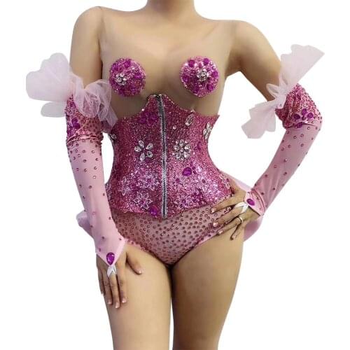Pink Sleeveless Floral Rhinestone Party Bodysuit with Crystal Girdle Gloves Women Nightclub Pole Dance Leotard Stage Outfit Sets