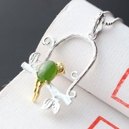 Silver Handmade Jewelry Wholesale Natural Jasper Pendant Lady Retro Thai Silver Bird Pendant S925 Sterling Silver Fashion Female