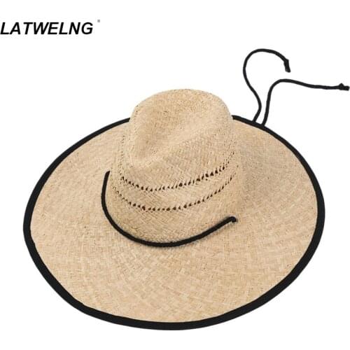 Wholesale Popular Tied Rope Raffia Sun Hat Female Big Eaves Panama Hats Ladies Vacation Wide Brim Beach Hat Cooling Summer
