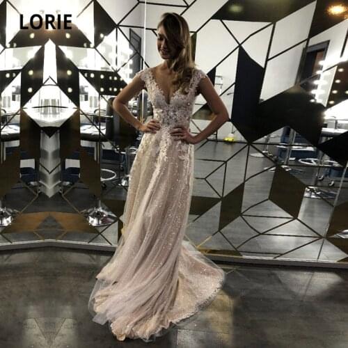 LORIE Champagne Wedding Dresses Glitter Scoop Cap Sleeves Lace Sparkly Wedding Gown Sequin Girl Wedding Party Bride Dress 2021