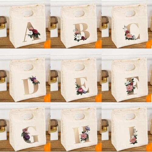 English Alphabet Floral Pattern Thermal Insulated Cooler Lunch Bag Portable Canvas Travel Picnic School Food Storage Tote Bags