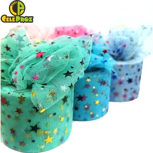 6cm 25Yards Star Tulle Rainbow Color Mesh Fabric for Cake Topper Tutu Pom Bow Soft Squine Tulle DIY Wedding Birthday Decoration