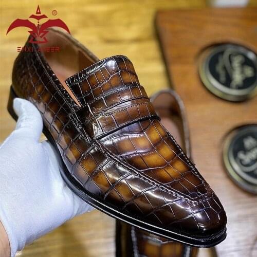 Retro Vintage Men Shoes 100% Cro Crocodile Leather Men Loafers Andy Dress Wedding Party Career Shoes Custom Handmade Shoes Brown
