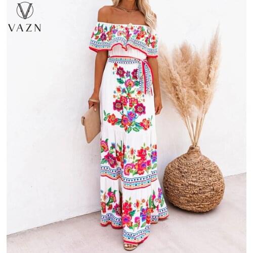 VAZN 2021 Top Quality Plus Size Indie Folk Chiffon Long Dress Slash Neck Short Sleeve Women High Waist Braid A-line Maxi Dress