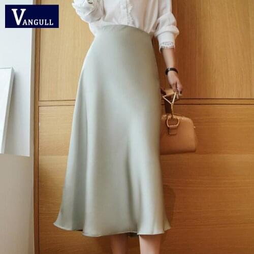 Vangull Silk High Waist A Line Skirt Women Solid Soft Vintage Long Office Ladies Skirt Korean Casual Slim Midi Skirts Womens