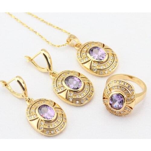 WPAITKYS Purple Created Zircon White CZ Gold Color Jewelry Sets For Women Drop Earrings Necklace Pendant Rings Free Gift Box