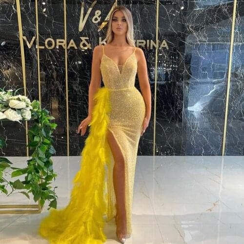 Yellow Fashion Sexy Evening Dress Spaghetti Strap Floor Length High Split Feather Sequins Prom Dress Custom Made