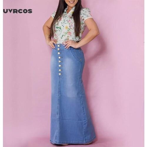 UVRCOS 2020 Long Skirt Women High Waist Slim Fit Ladies Mermaid Denim Skirt